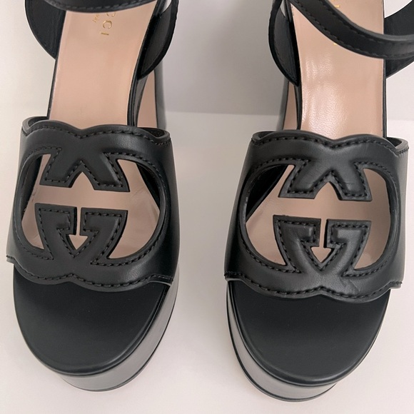 GUCCI Interlocking G Cutout Block Heel Platform Sandals Black Leather - Picture 5 of 16